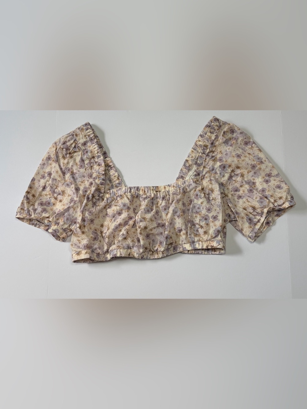 H&M Linen Blend Floral Lace-Up Back Crop Top Cream & Purple Large Like New